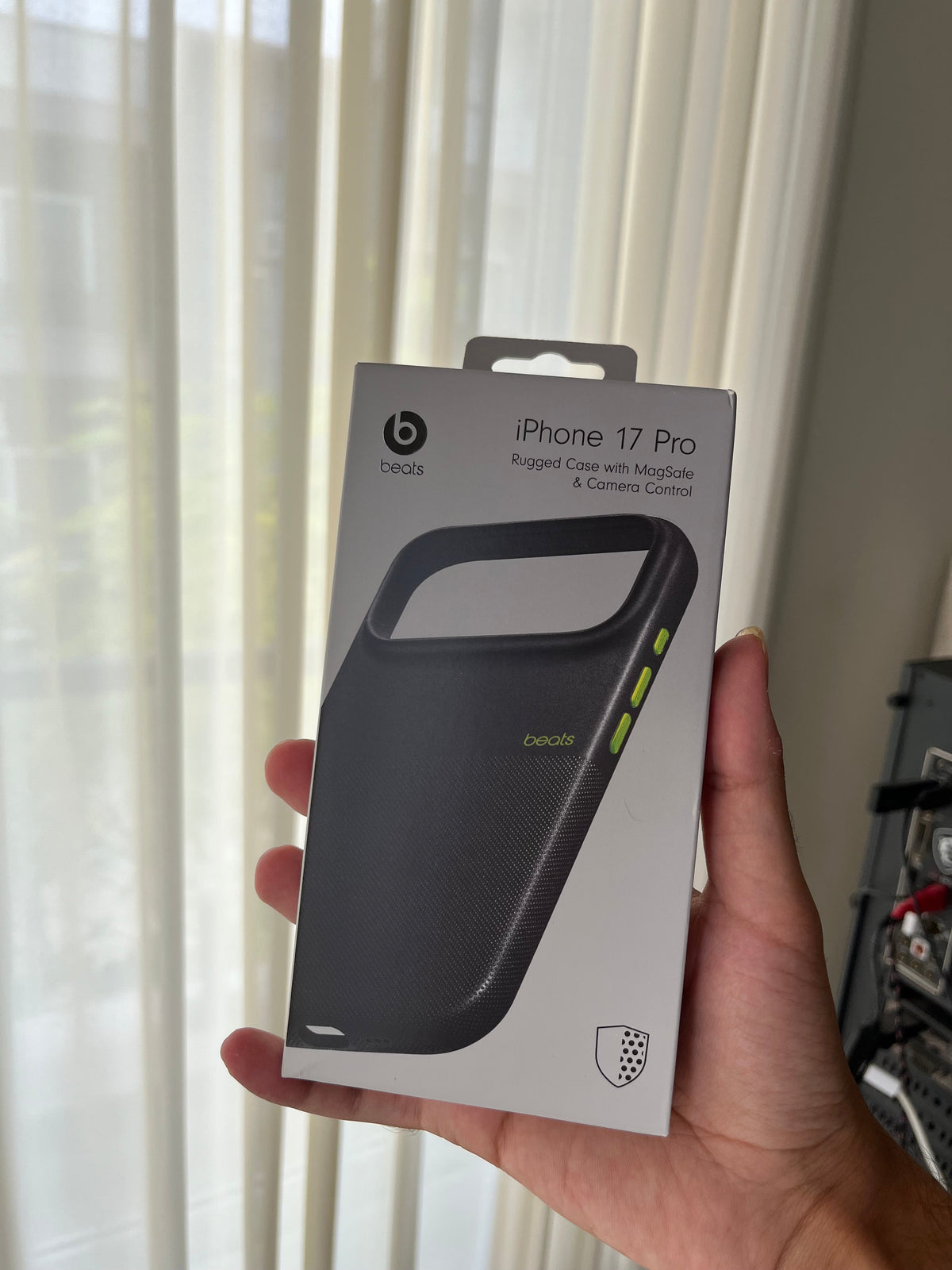 Black Beats iPhone 17 Pro rugged case shown on its retail packaging