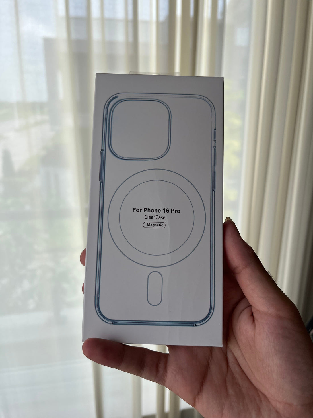 Retail packaging for a magnetic clear case labelled for iPhone 16 Pro