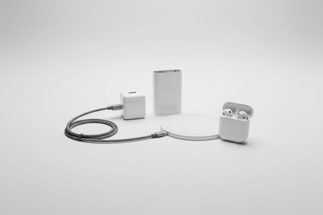 Illustration of charging accessories including a wall charger, cables, power bank and earbuds