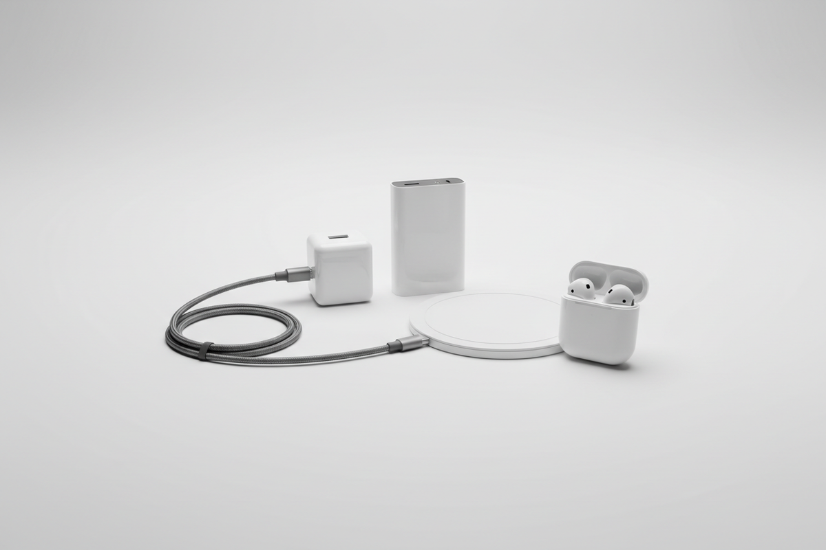 Illustration of charging accessories including a wall charger, cables, power bank and earbuds