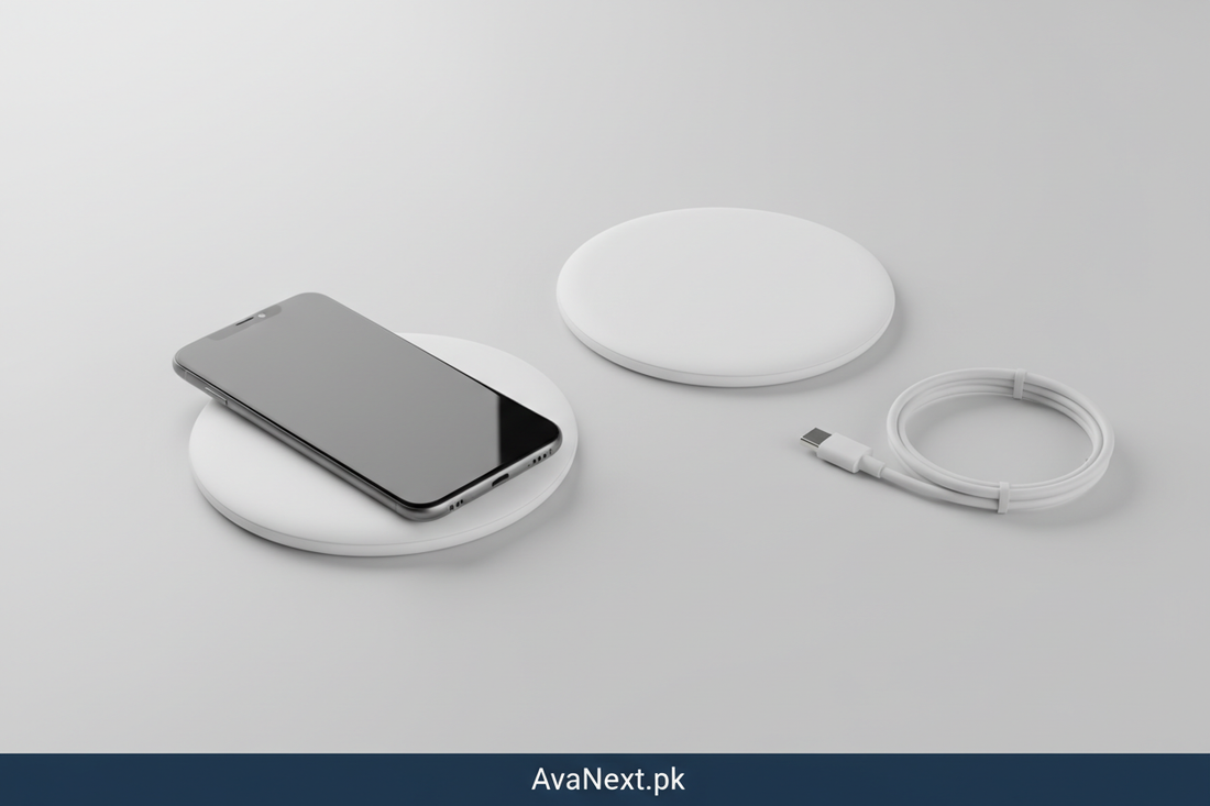 Illustration of a phone on a wireless charging pad beside a second pad and cable