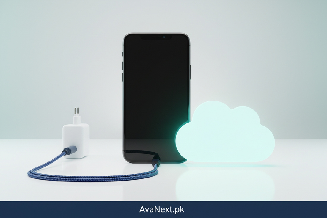 Illustration of a phone connected to a charging cable beside a small night light