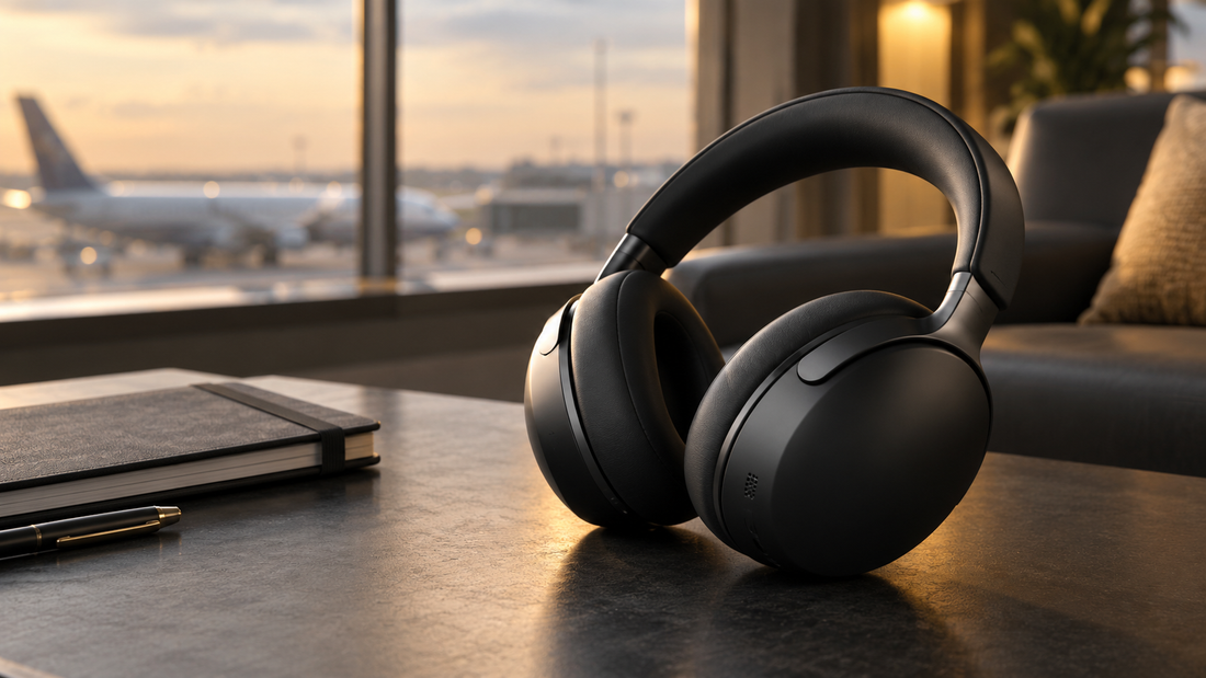 Premium over-ear noise-cancelling headphones in an airport lounge for the Bose QuietComfort Ultra buyer guide