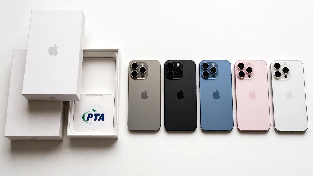 Illustration of iPhones in five colours beside Apple packaging