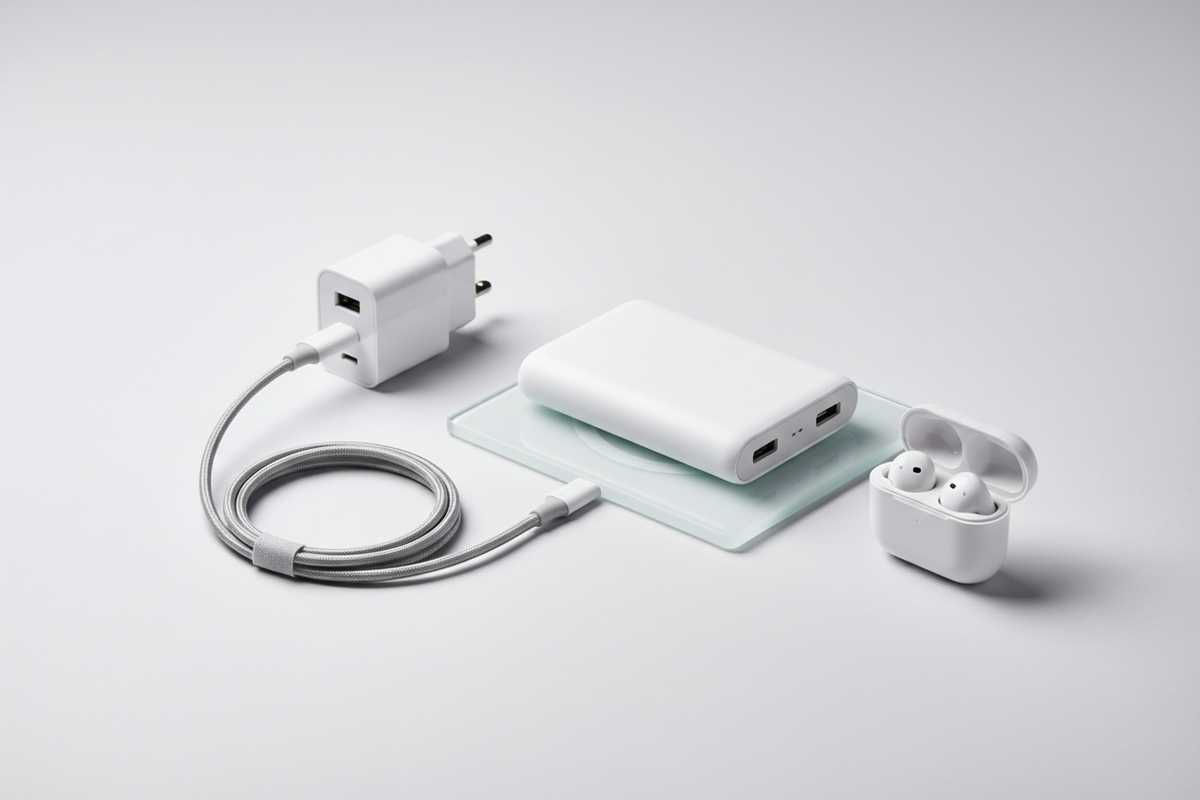 Illustration of a wall charger, charging cable, power bank and wireless earbuds