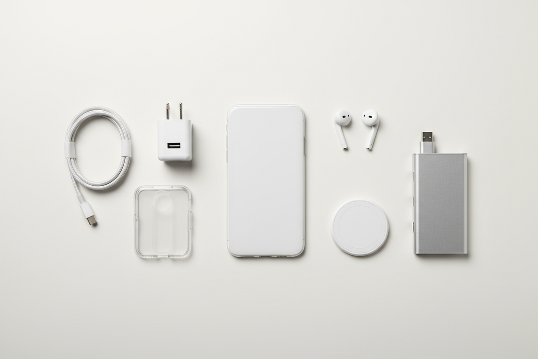 Illustration of mobile accessories including a charger, cable, earbuds and phone case