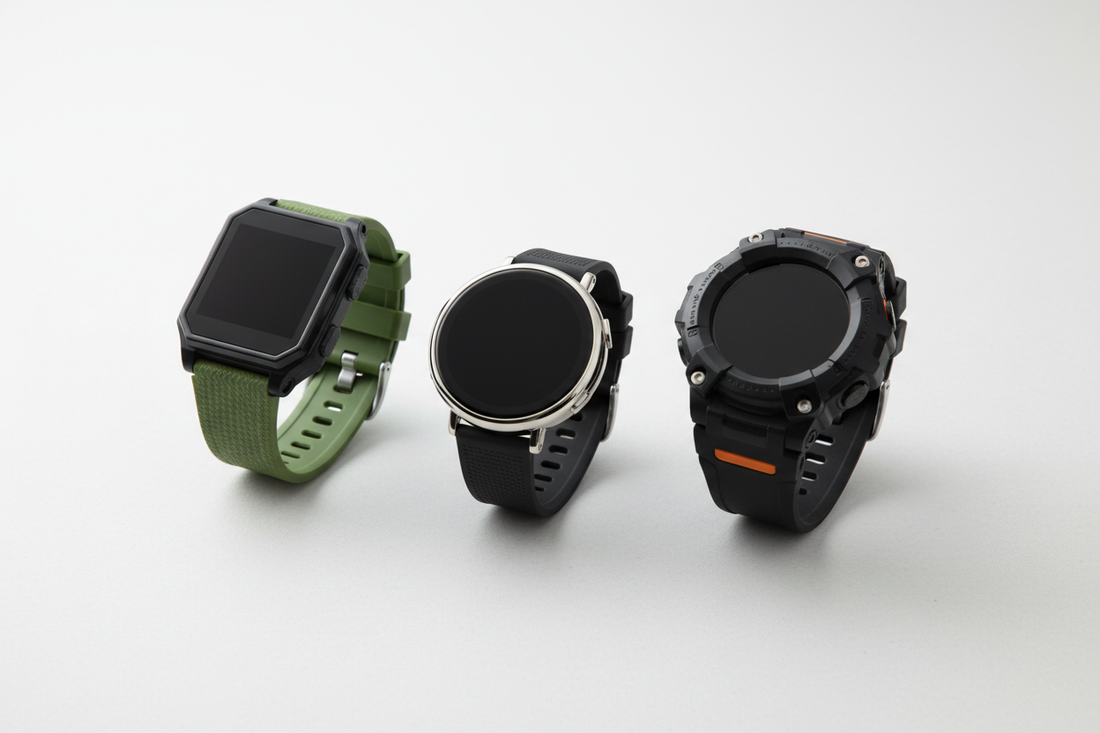 Illustration of three smartwatches with rectangular, round and rugged designs