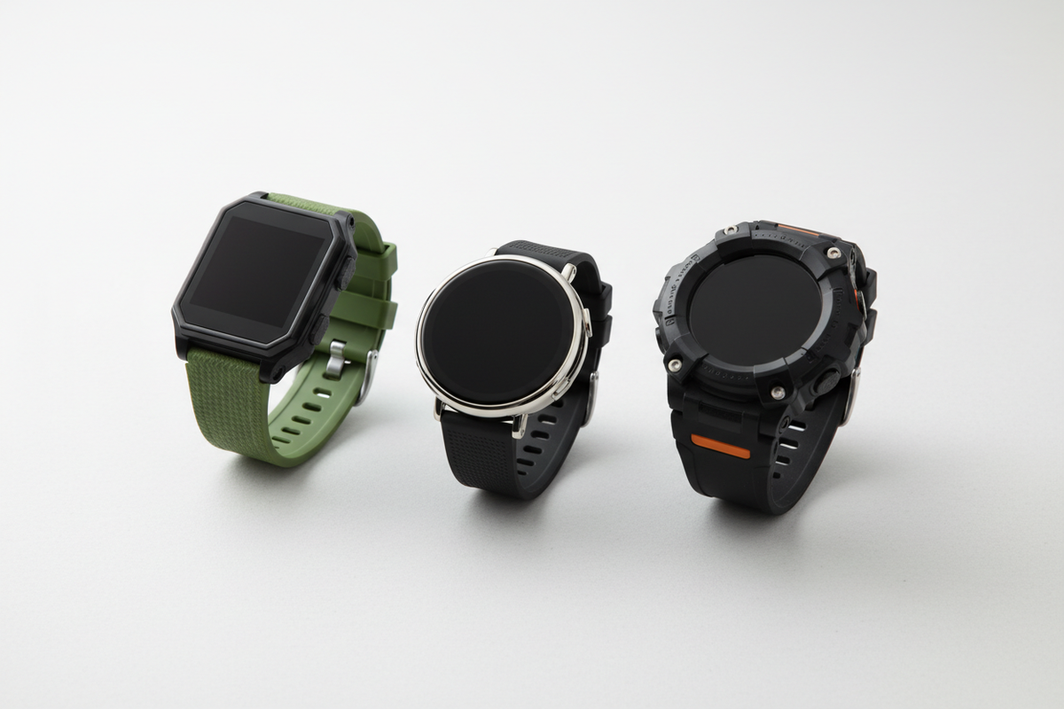Illustration of three smartwatches with rectangular, round and rugged designs