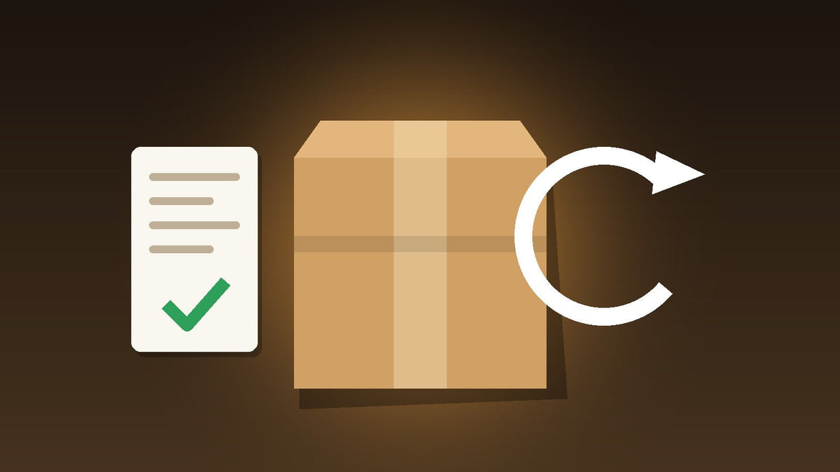 Delivery box, warranty document and return arrow illustrating warranty and returns for new arrivals