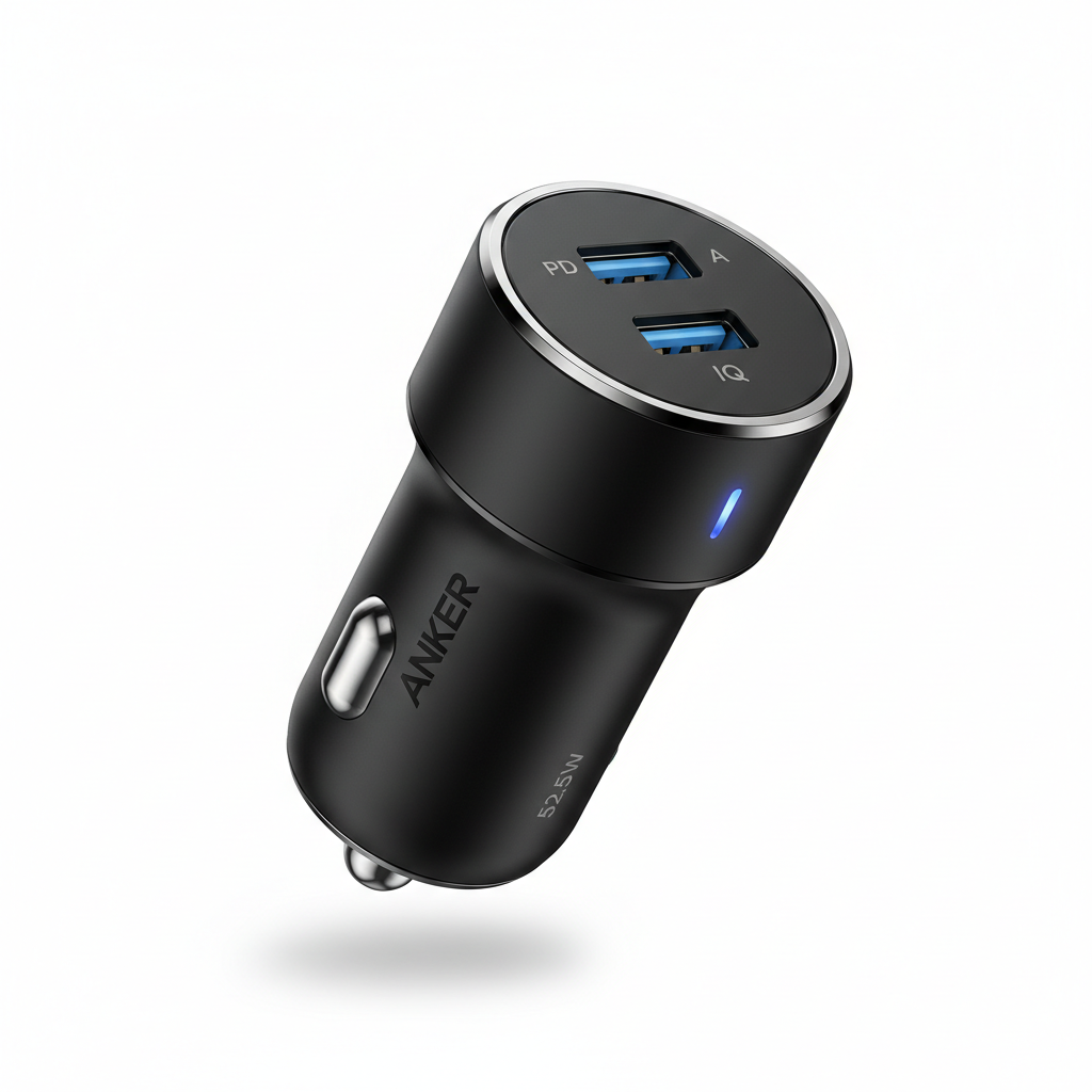 Black Anker car charger with two USB-A ports