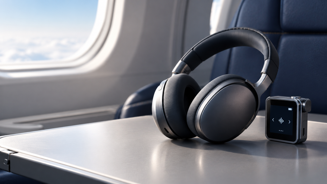 Premium wireless over-ear headphones beside a compact audio transmitter on an airplane tray table
