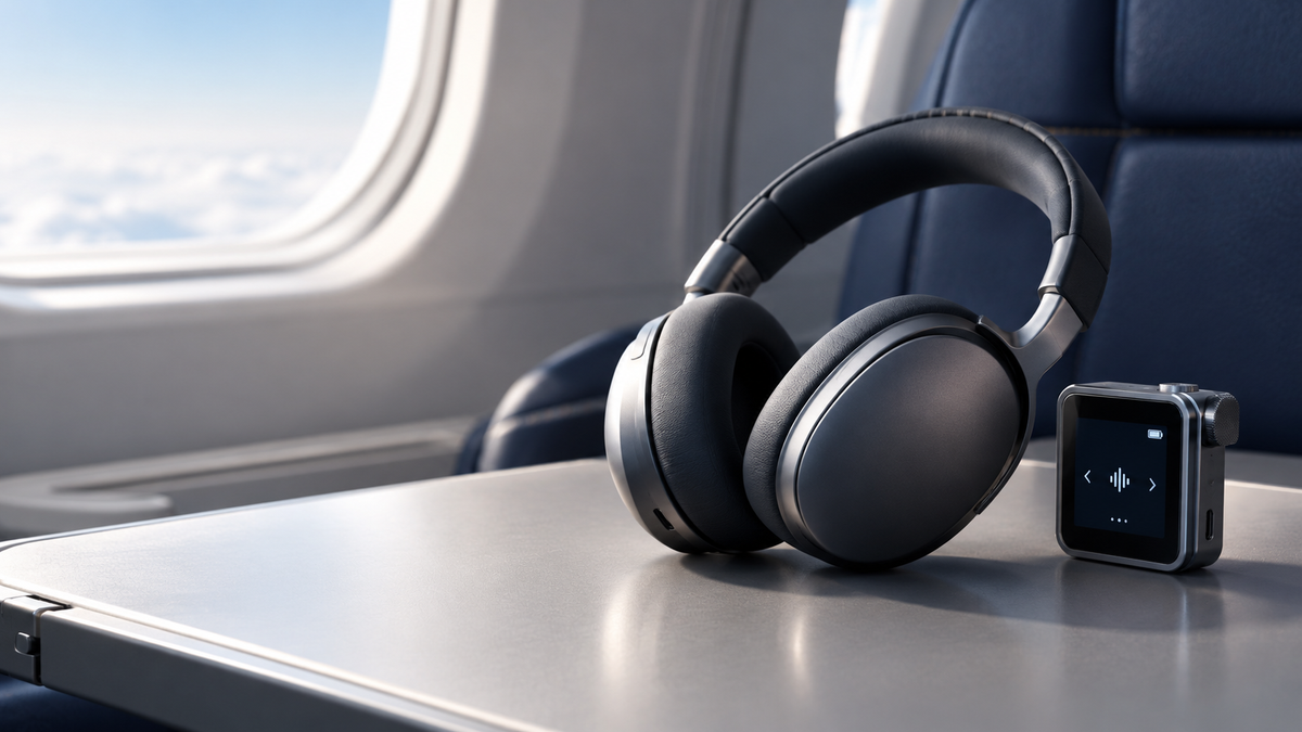 Premium wireless over-ear headphones beside a compact audio transmitter on an airplane tray table