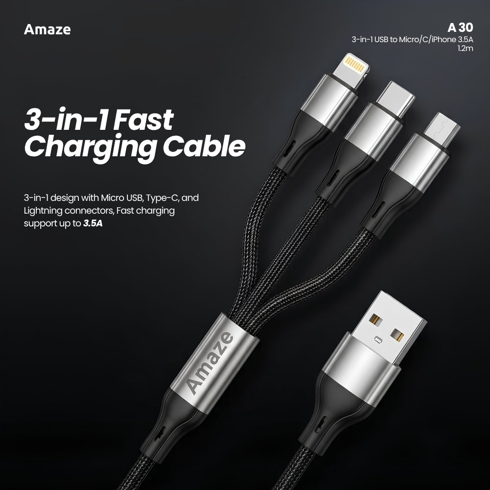 Amaze A30 3-in-1 USB to Micro/TypeC/iP Cable 3.5A 1.2m in Pakistan - image 2