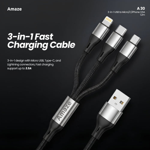 Amaze A30 3-in-1 USB to Micro/TypeC/iP Cable 3.5A 1.2m in Pakistan - image 2