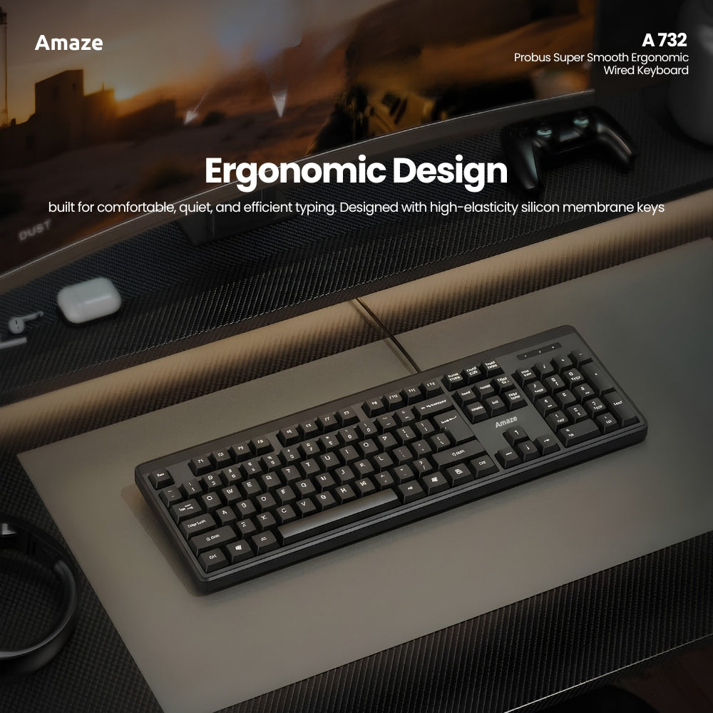 Amaze Probus Super Smooth Ergonomic Wired Keyboard Black - A732 in Pakistan - image 2