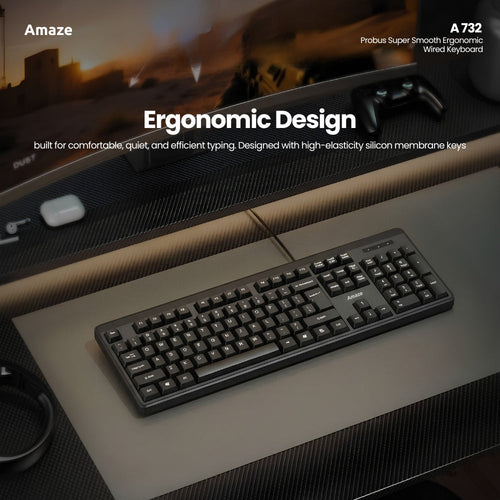 Amaze Probus Super Smooth Ergonomic Wired Keyboard Black - A732 in Pakistan - image 2