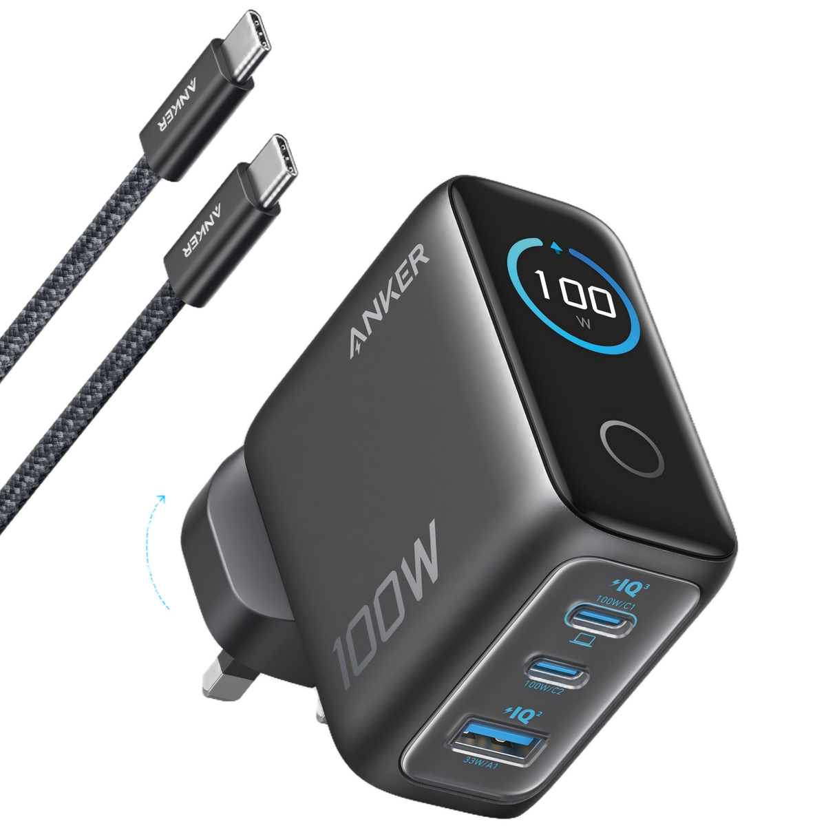 Anker 100W 3-Port Charger with Smart Display - B121B