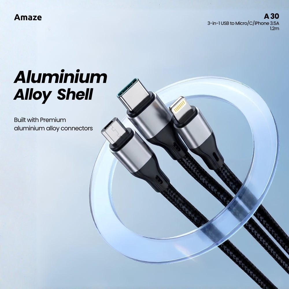 Amaze A30 3-in-1 USB to Micro/TypeC/iP Cable 3.5A 1.2m in Pakistan - image 3