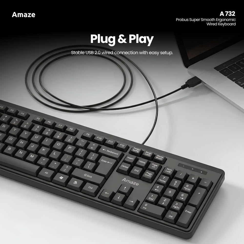 Amaze Probus Super Smooth Ergonomic Wired Keyboard Black - A732 in Pakistan - image 4