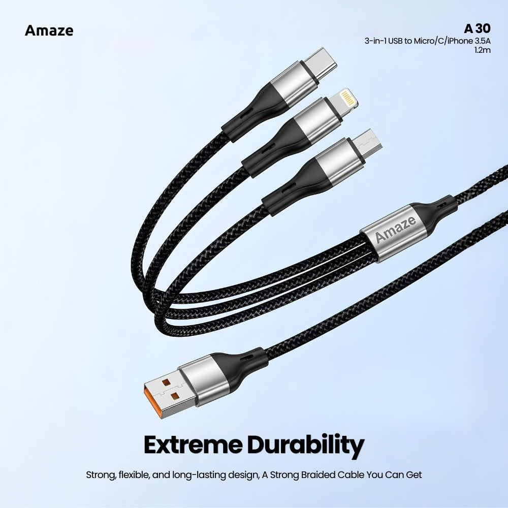 Amaze A30 3-in-1 USB to Micro/TypeC/iP Cable 3.5A 1.2m in Pakistan - image 4