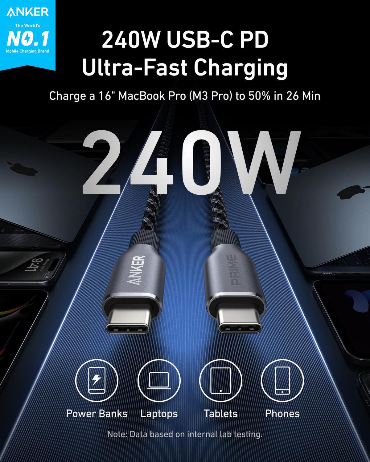 Anker Prime 240W USB-C to USB-C Fast Charging Cable Upcycled - A88E26 - view 2