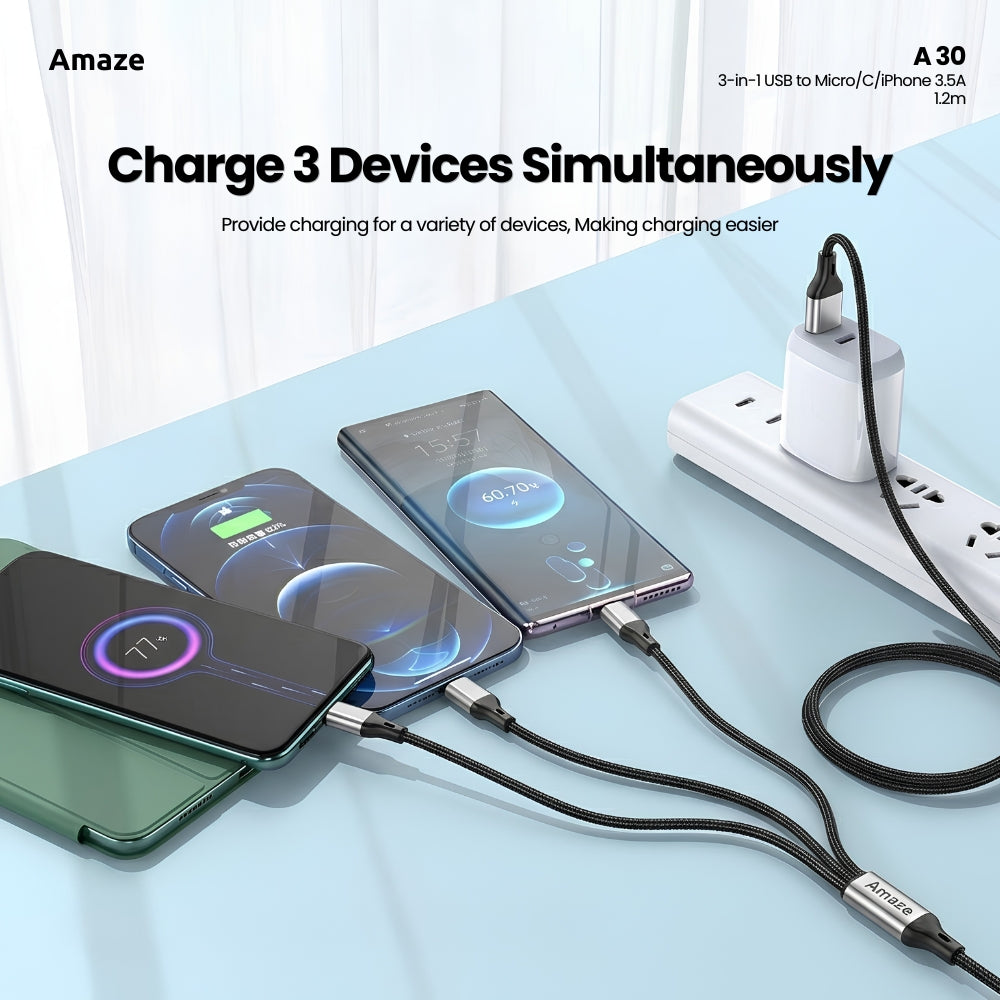 Amaze A30 3-in-1 USB to Micro/TypeC/iP Cable 3.5A 1.2m in Pakistan - image 5