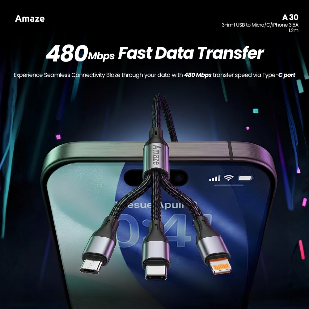 Amaze A30 3-in-1 USB to Micro/TypeC/iP Cable 3.5A 1.2m in Pakistan - image 6