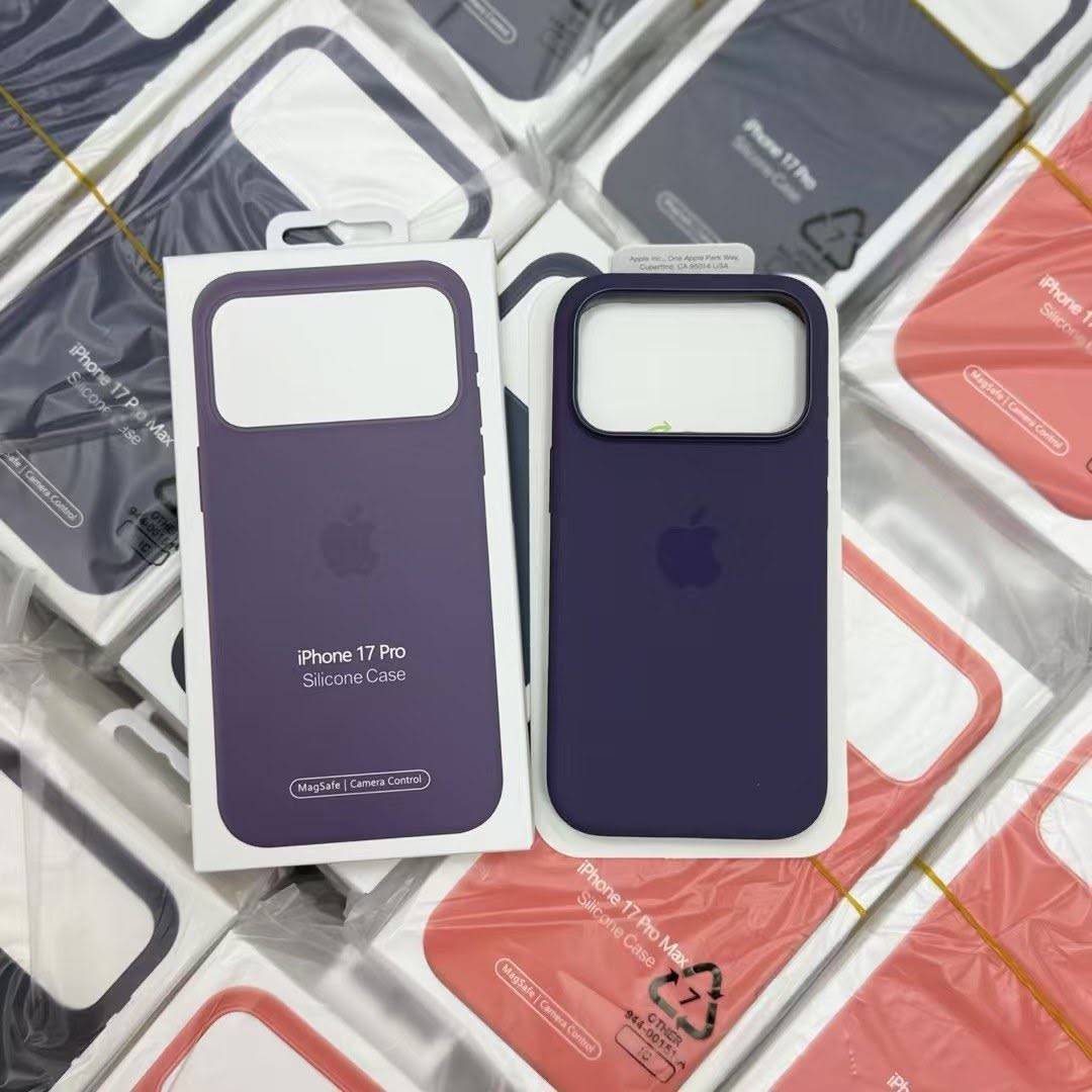 Purple iPhone 17 Pro silicone case with MagSafe and Camera Control packaging
