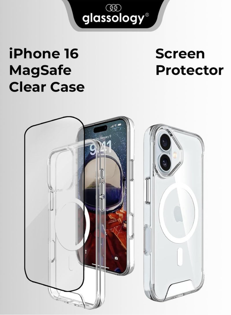 Glassology iPhone 16 MagSafe Clear Case with Screen Protector Slim Shockproof Wireless Charging Compatible Anti-Yellowing Protective Bundle for iPhone 16