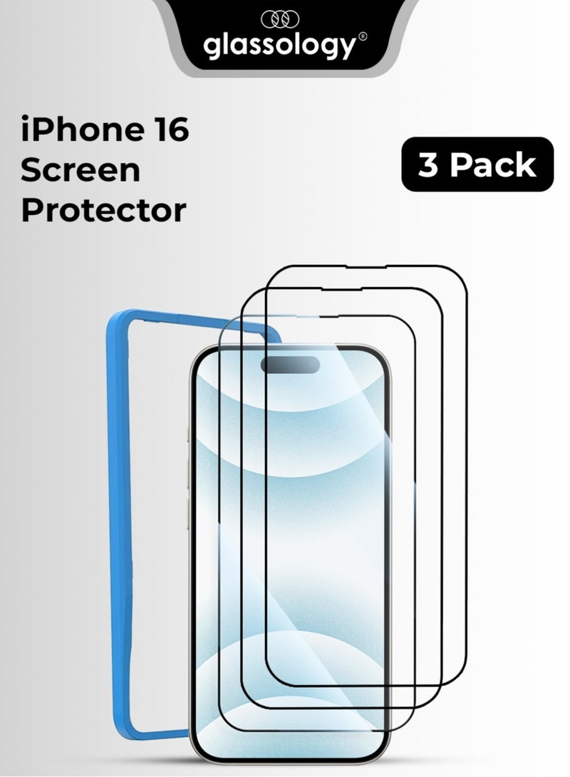 Glassology 3Pack Screen Protector for iPhone 16 6.9" 9H+ Unbreakable HD Ultra Clear Tempered Glass Easy Install & Case-Friendly Includes Installer Frame for iPhone 16