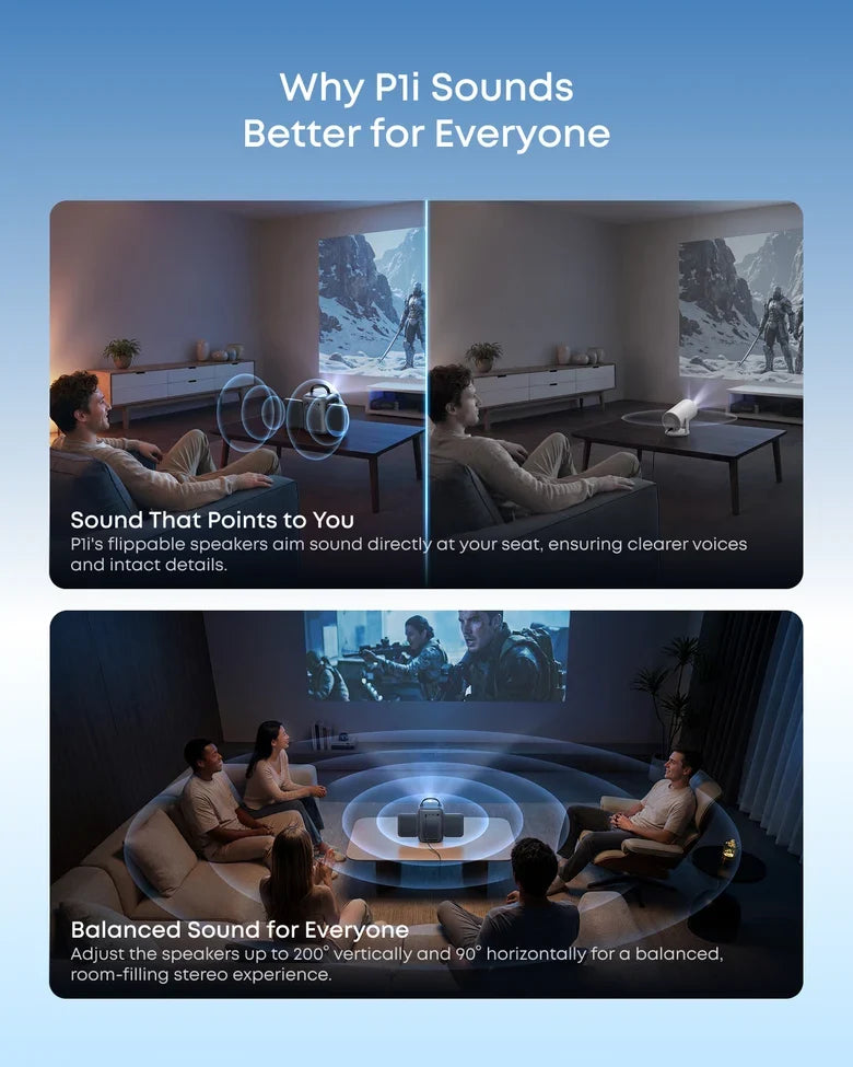 Nebula P1i smart portable projector with flippable speakers side view