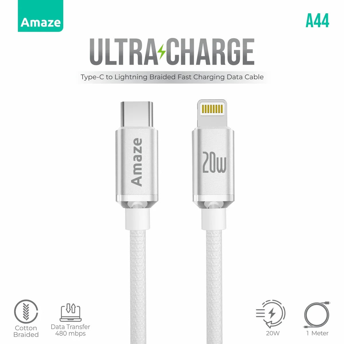 Amaze A44 USB-C to Lightning 20W Cable 1m in Pakistan - image 1