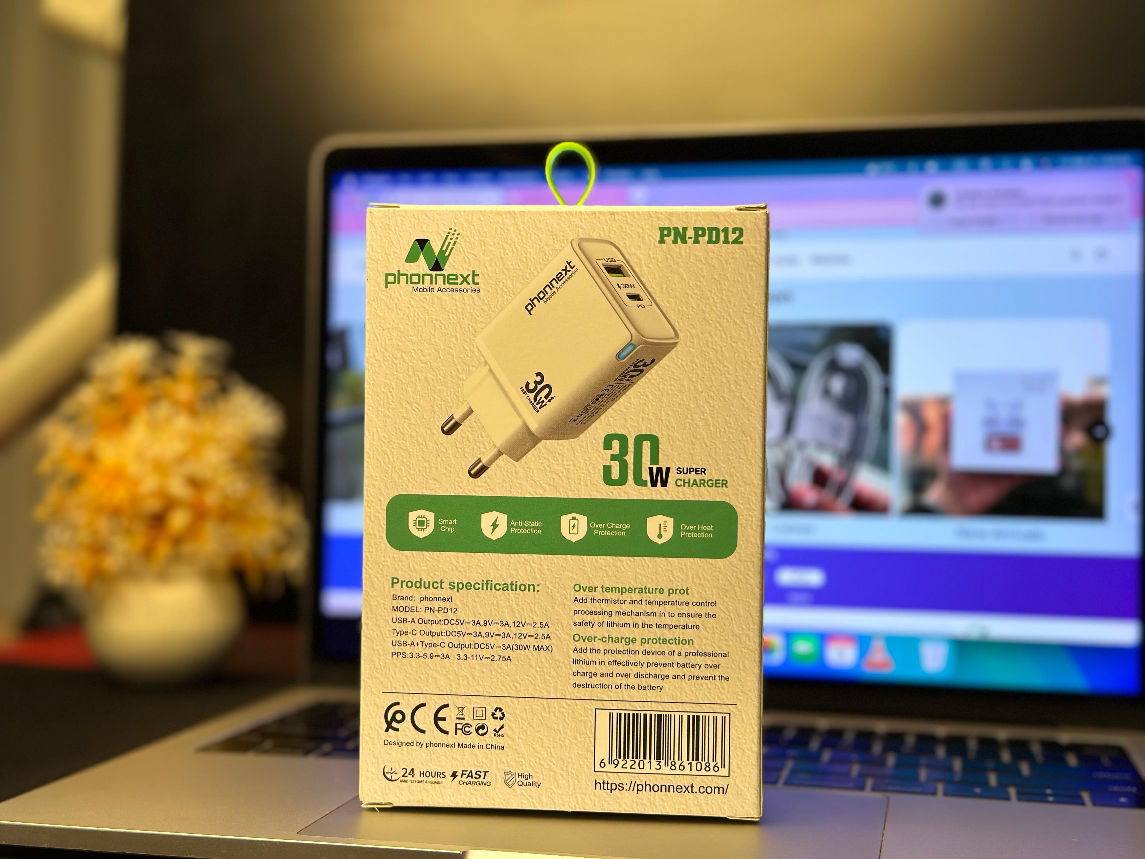 Phonext 2-Port USB (C + A) GaN Charger (30W/30W) | EU-Plug | Compatible Android & iOS