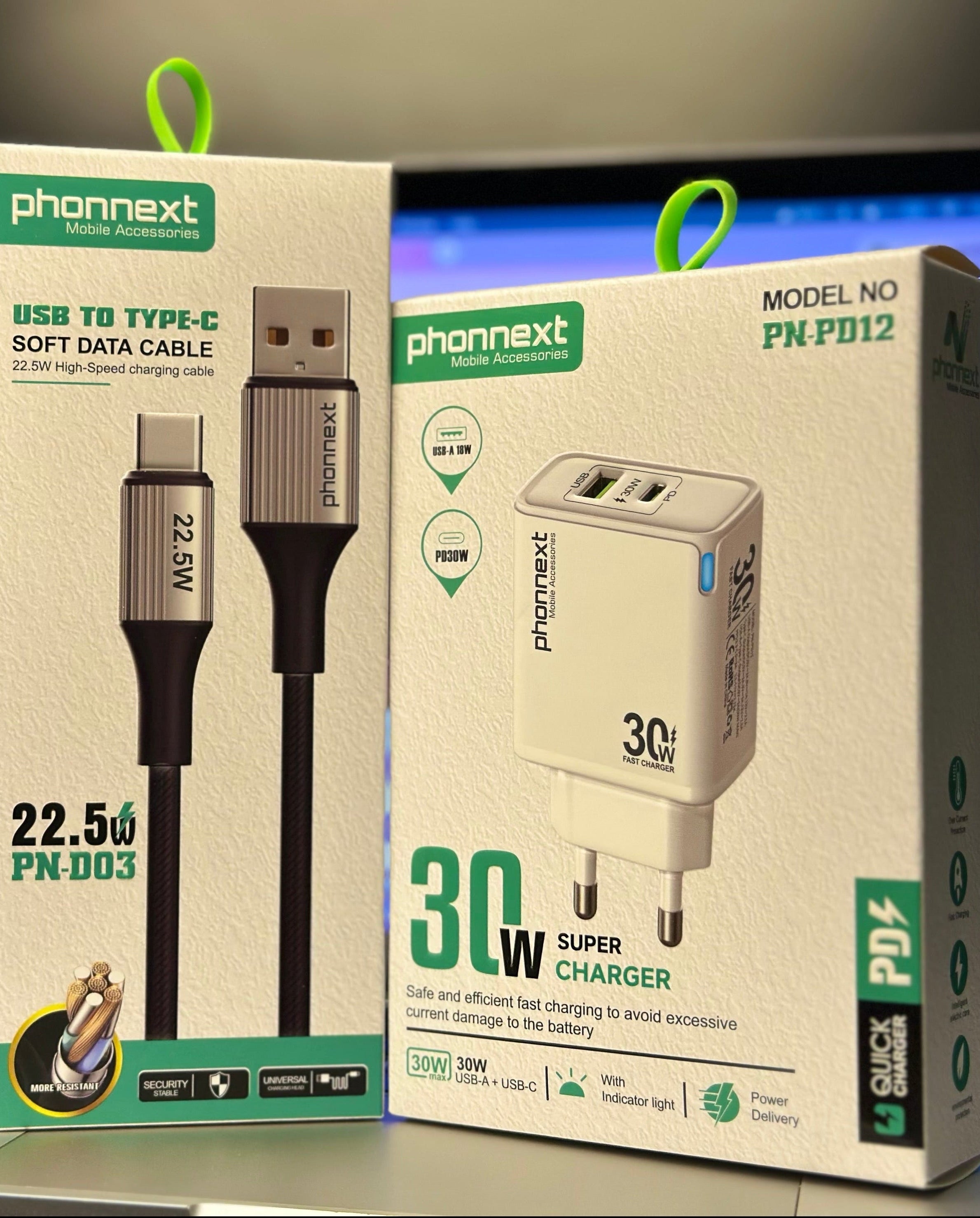 Phonext 2-Port USB (C + A) GaN Charger (30W/30W) | EU-Plug | Compatible Android & iOS
