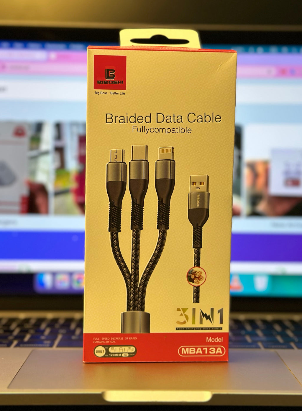 BIBOSHI 3-in-1 Braided Fast Charging Cable (Type-C, Micro USB &amp; Lightning)