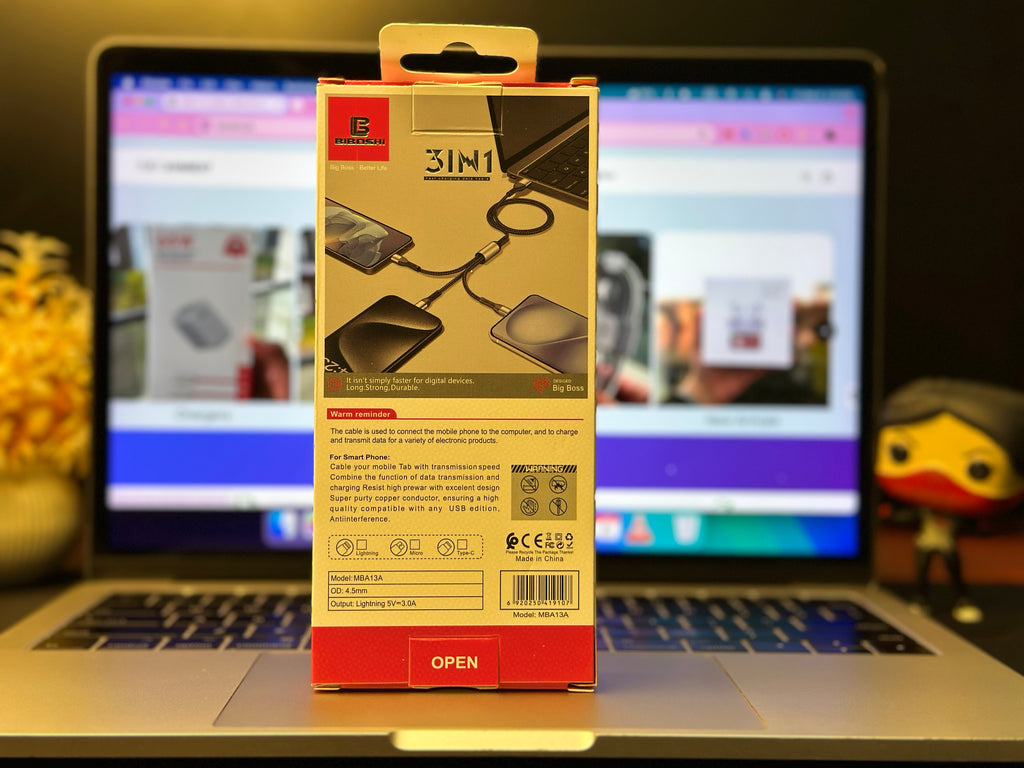 BIBOSHI 3-in-1 Braided Fast Charging Cable (Type-C, Micro USB &amp; Lightning)