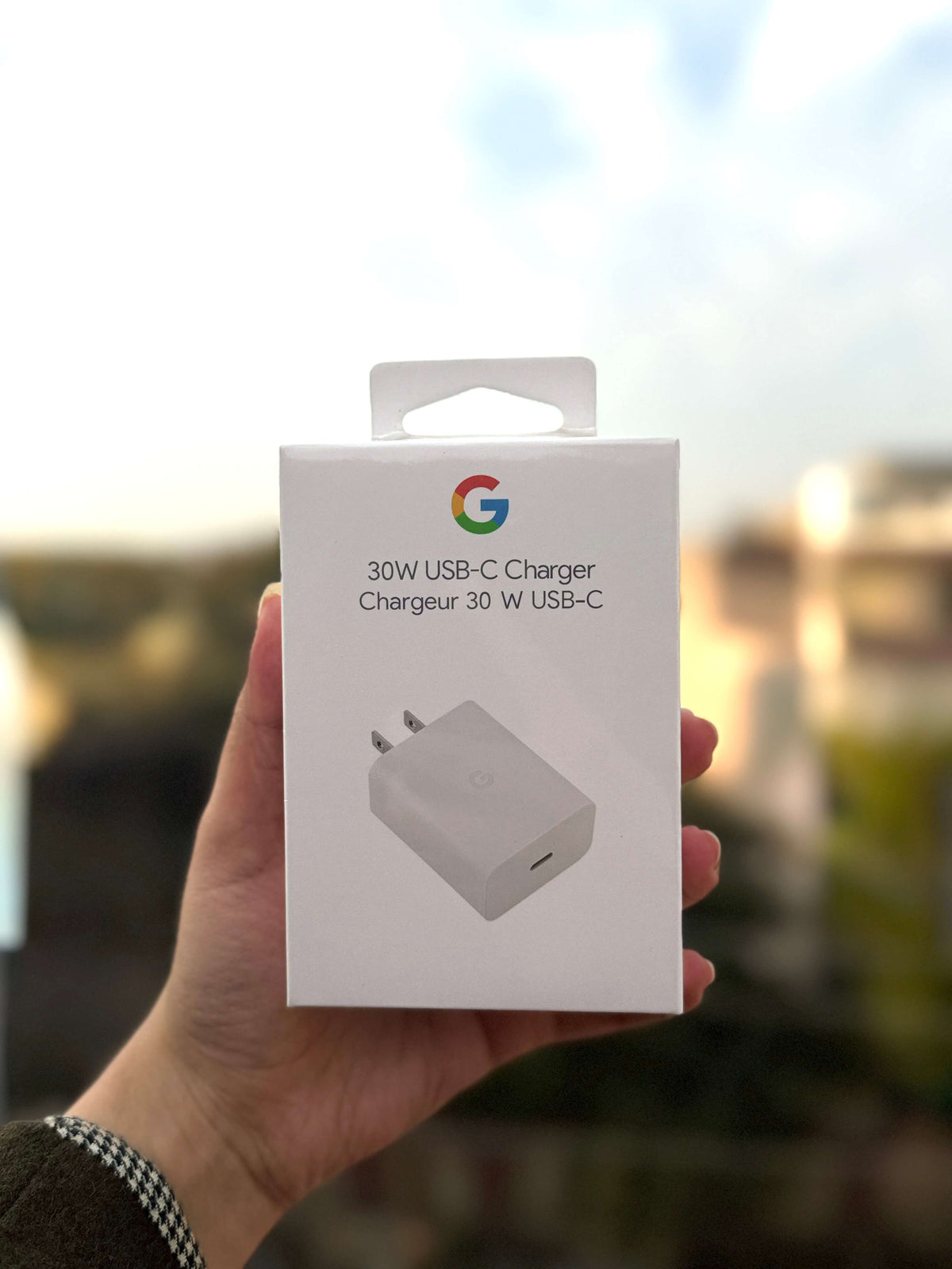 30W USB-C charger retail box with G logo — front view