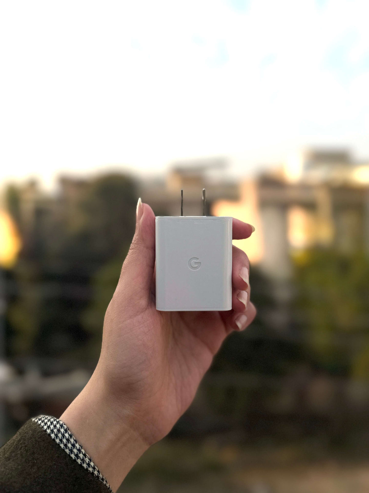 30W USB-C charger with two-pin plug and G logo — front view