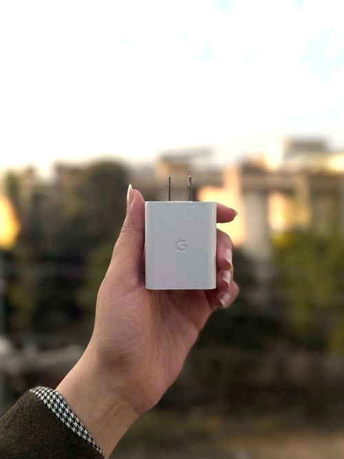 30W USB-C charger with two-pin plug and G logo — front view