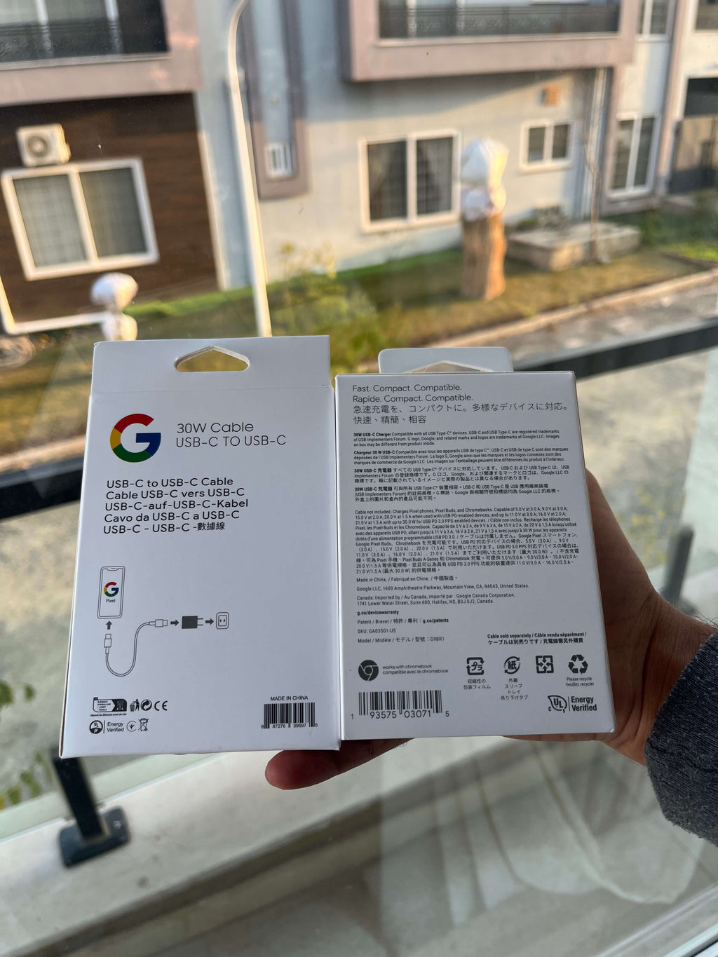 30W USB-C charger and USB-C cable packaging — back view