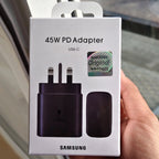 Samsung 45W power adapter with original cable — packaging and box view Pakistan