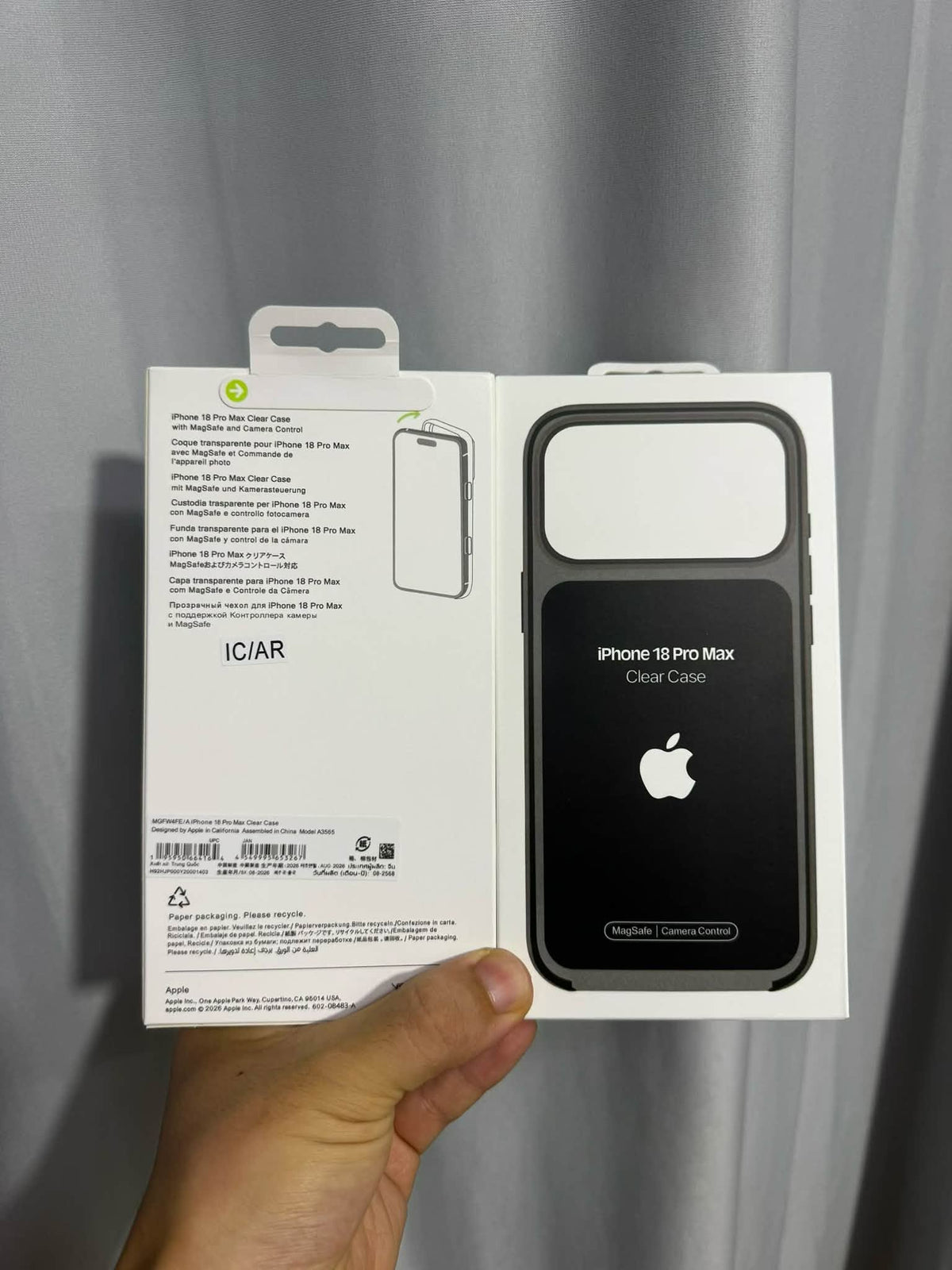 iPhone 18 Pro Max clear MagSafe case with Camera Control cutout — product packaging and case view