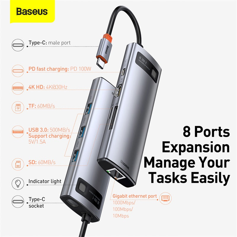Baseus Metal Gleam 8-in-1 USB-C hub in gray – view 2