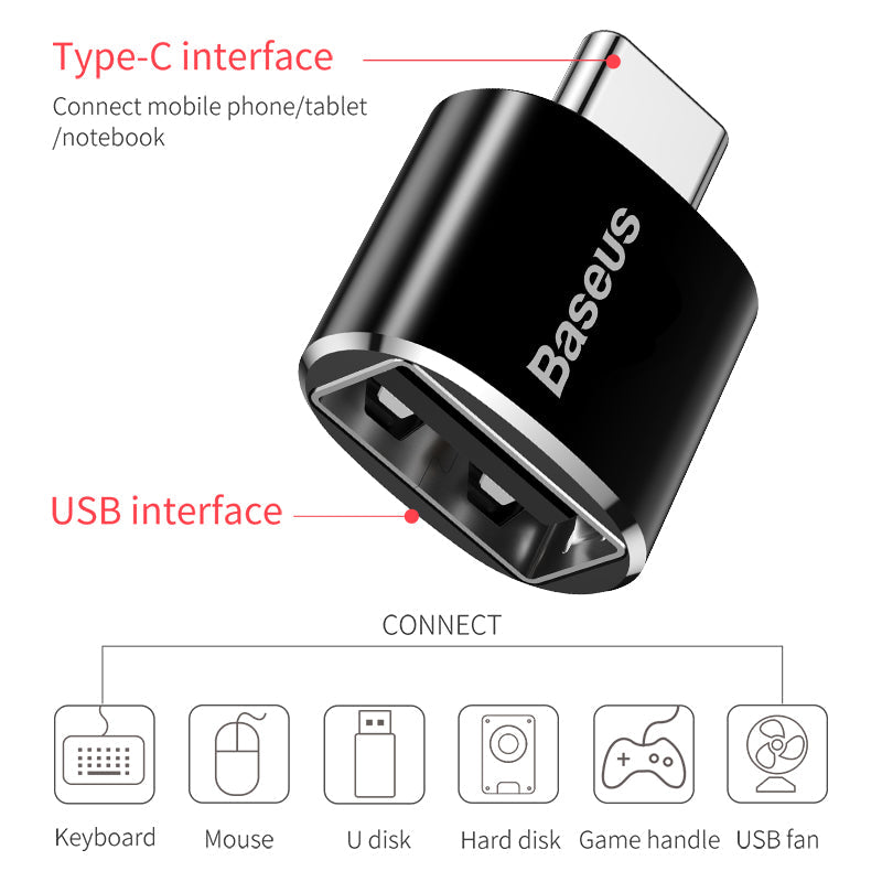 Baseus USB-A female to USB-C male OTG adapter in black – view 2