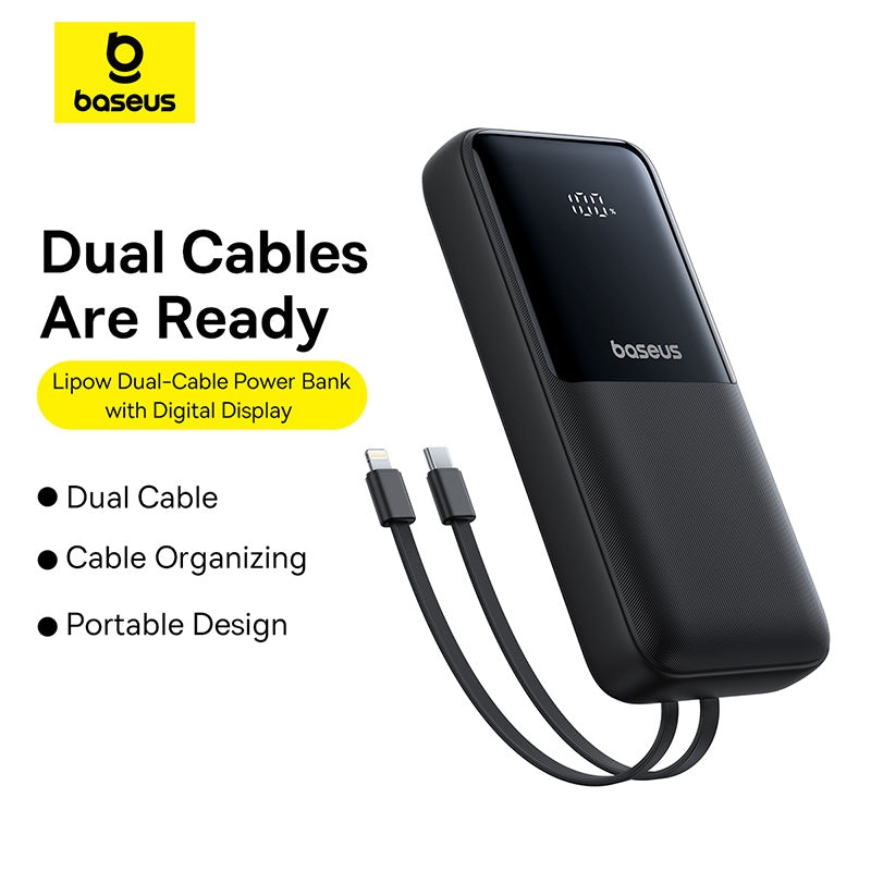 Baseus Lipow black power bank built-in USB-C and Lightning cables, SKU P10075101115-00