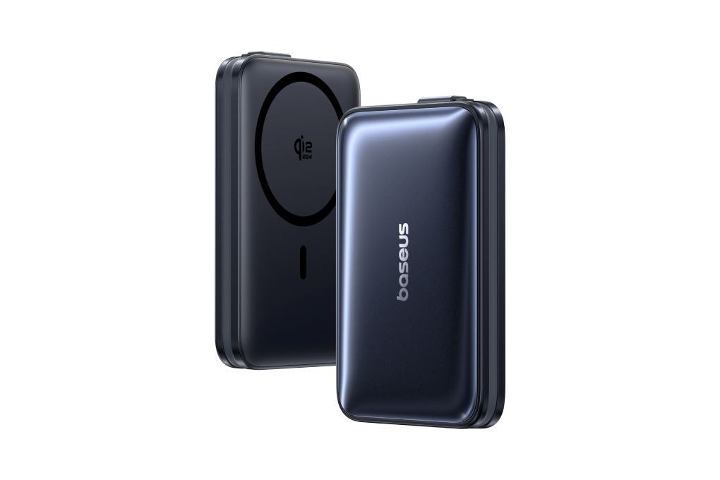 Baseus PicoGo AM61 power bank showing magnetic wireless charging pad and USB-C port