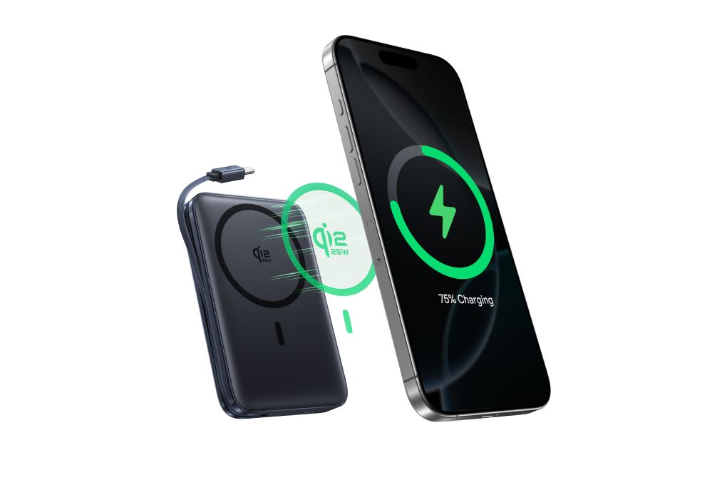 Baseus PicoGo AM61 power bank attached magnetically to a smartphone while charging
