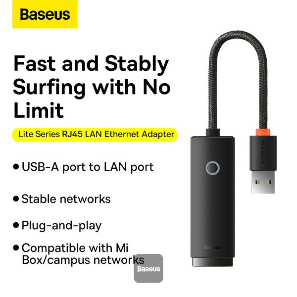 Baseus Lite USB-A to RJ45 Ethernet adapter in black, SKU WKQX000001, view 4