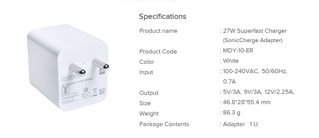 Xiaomi 27W SonicCharge charger — spec sheet Pakistan