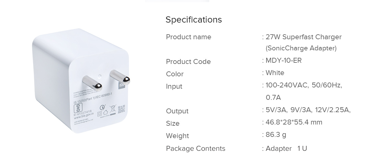 Xiaomi 27W SonicCharge charger — spec sheet Pakistan